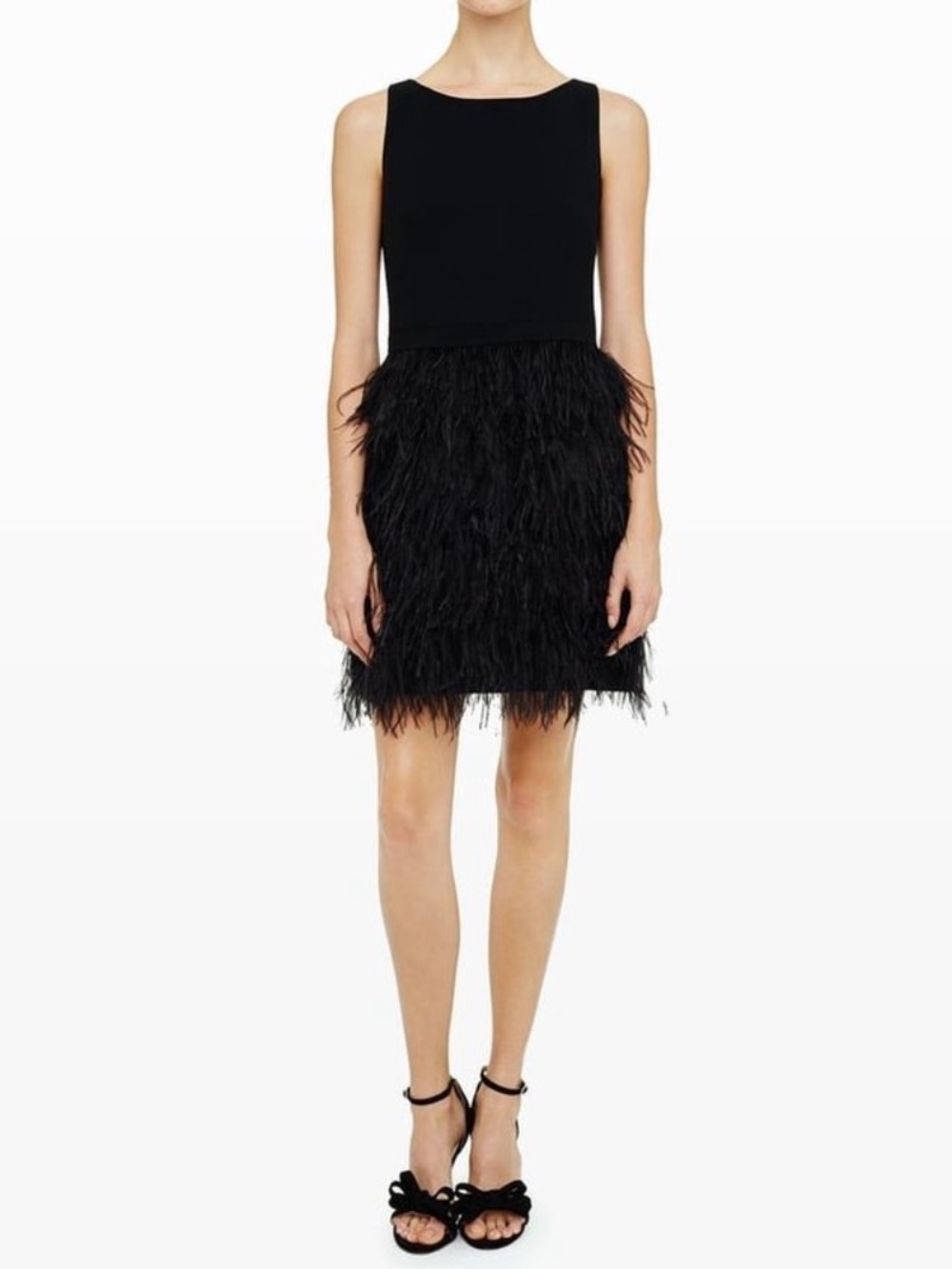 Club Monaco Black Sleeveless Feather-Trim Midi Dress
